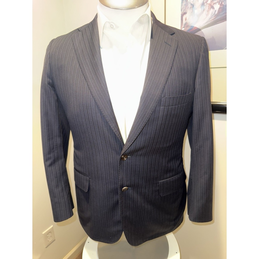 Bespoke 44 R Holland & Sherry Blue Multi Stripe Wool Suit Made USA